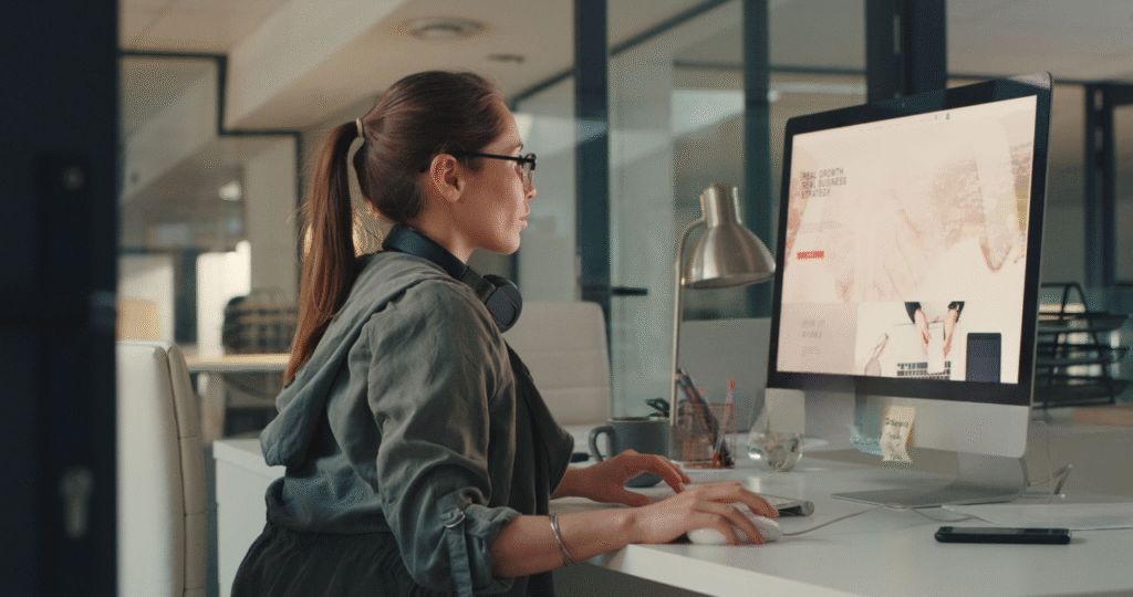 Female designer working on a desktop computer in a modern office, focusing on creative visual content displayed on the screen.