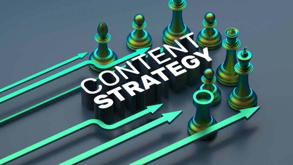 Chess pieces on a board with the words 'CONTENT STRATEGY' prominently displayed, and green arrows indicating movement
