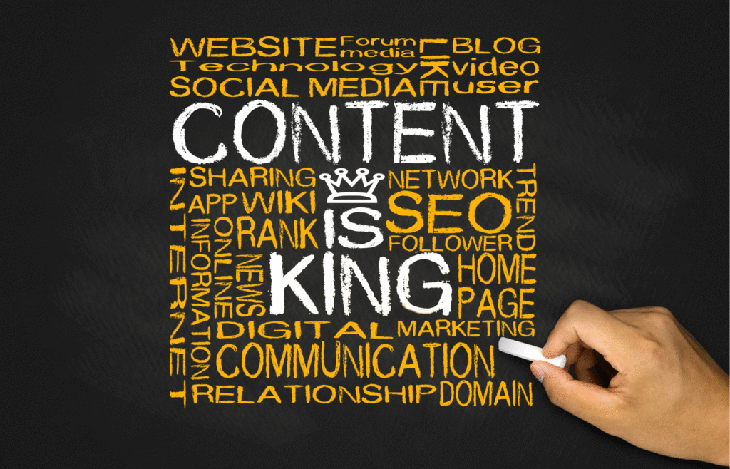 A hand holding chalk writing on a black chalkboard filled with a word cloud focused on 'CONTENT' and 'SEO IS KING', surrounded by related digital marketing terms
