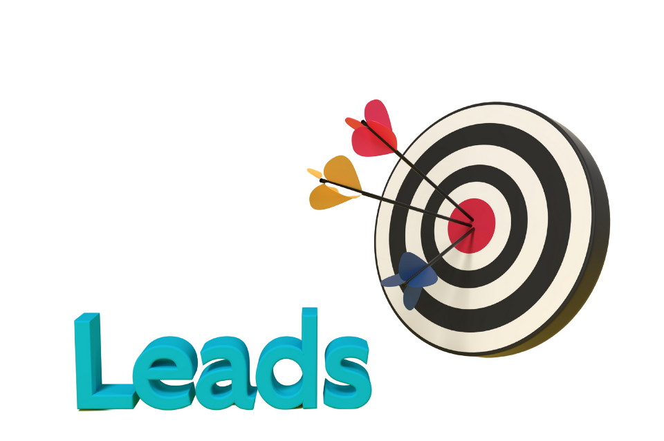A 3D rendering of a target board with three arrows hitting near the bullseye, and the word 'Leads' in large, turquoise 3D letters