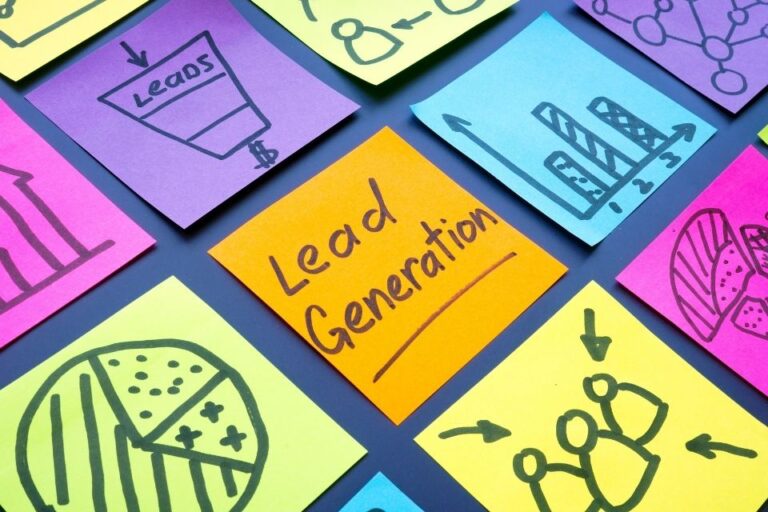 Colorful sticky notes with hand-drawn diagrams related to business metrics and the phrase 'Lead Generation' written on an orange note