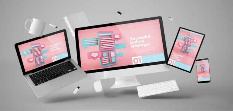 Digital devices (laptop, desktop, tablet, and smartphone) displaying modern UI/UX designs