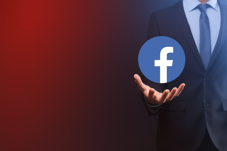 A person in a business suit holding the Facebook logo in their hand