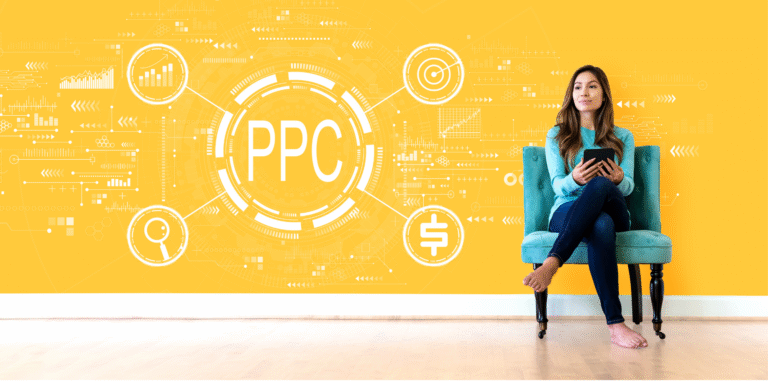A woman sitting in a chair holding a tablet, with 'PPC' at the center of a circular diagram surrounded by icons for search, analytics, targeting, and money, on a yellow background