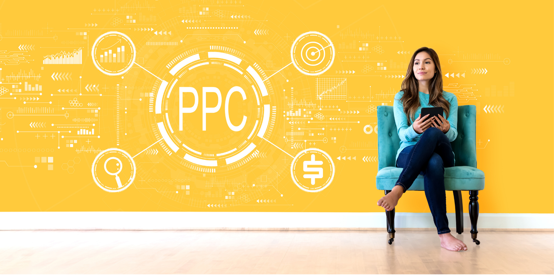 A woman sitting in a chair holding a tablet, with 'PPC' at the center of a circular diagram surrounded by icons for search, analytics, targeting, and money, on a yellow background
