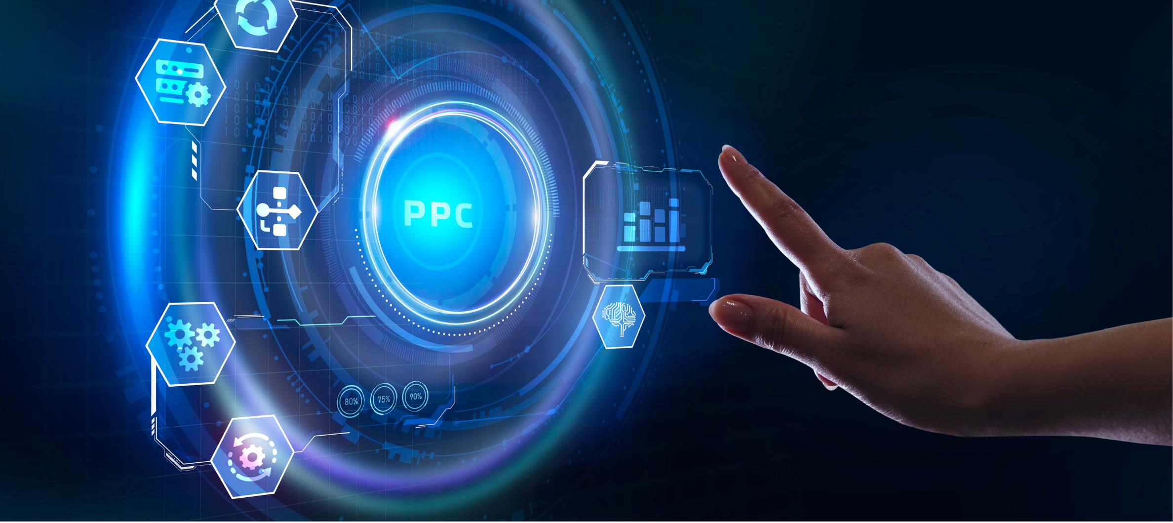 A hand touching a holographic interface with 'PPC' at its center, surrounded by interconnected icons