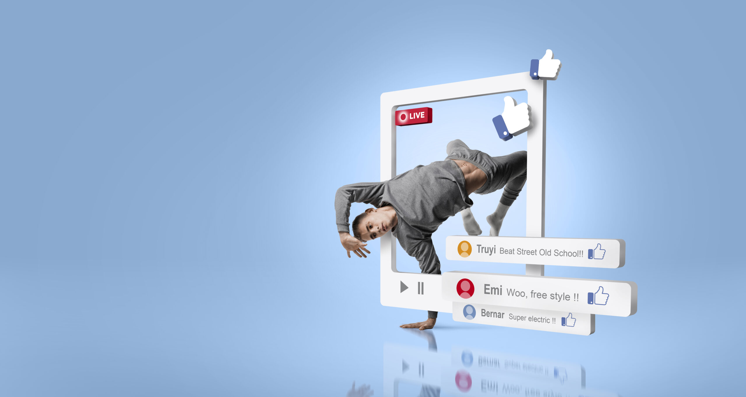 A man in a suit breaking out of a social media post frame
