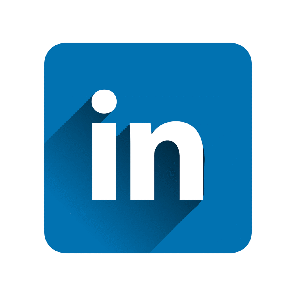 Official LinkedIn logo with white 'in' letters on a blue square background with a long shadow