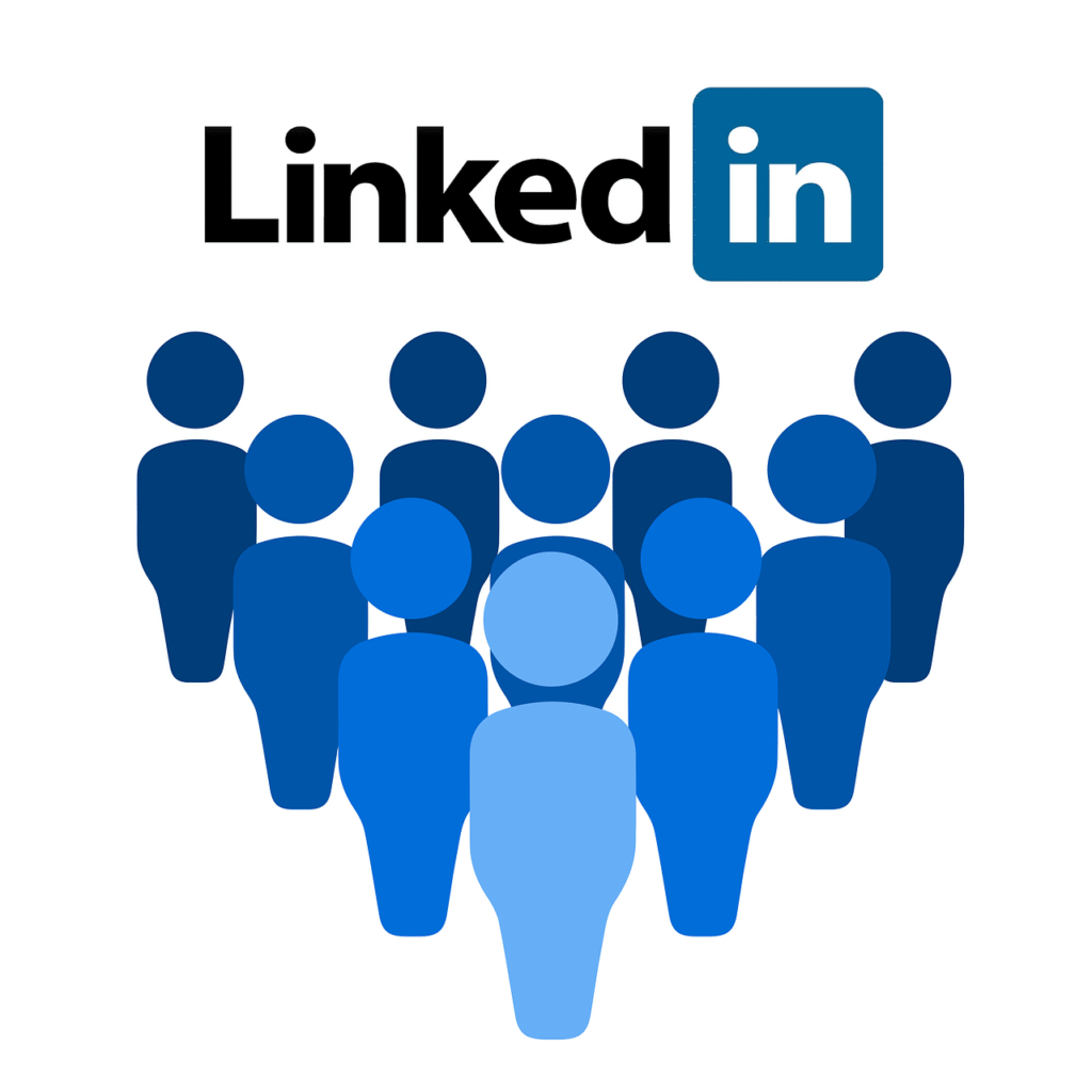 LinkedIn logo above a group of stylized human figures in varying shades of blue, representing a professional network or community