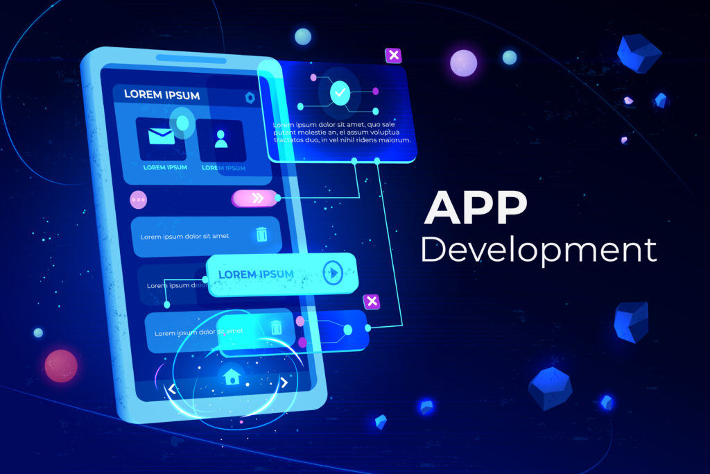 Futuristic illustration of mobile app development interface with UI/UX design elements on a smartphone screen, featuring glowing icons and the text 'App Development' on a dark tech-themed background.