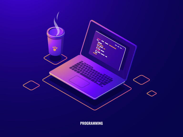A stylized illustration of a laptop with code on the screen and a cup of coffee, representing a website development company