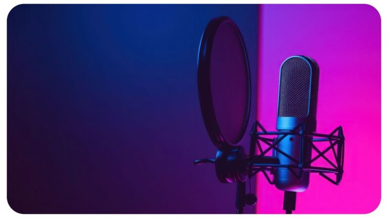 Professional studio microphone setup with pop filter under vibrant blue and pink lighting – ideal for YouTube content creation and video marketing.