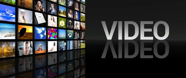 Collage of video thumbnails on the left with the word "VIDEO" and its reflection on a sleek black background, representing video marketing content.