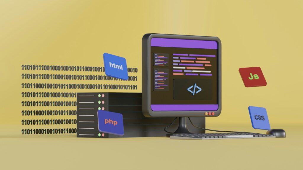3D illustration of a computer screen displaying code, surrounded by floating programming language icons like PHP and HTML, representing web development.