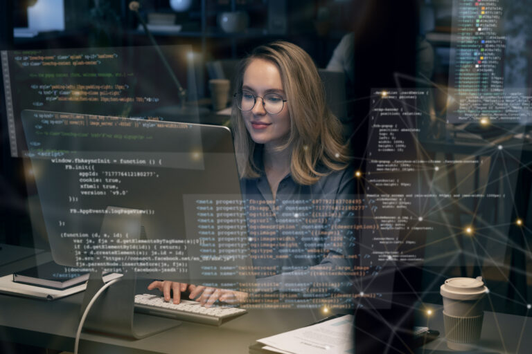 Female developer writing PHP code on a laptop in a modern tech workspace, with code snippets and digital graphics overlaid.
