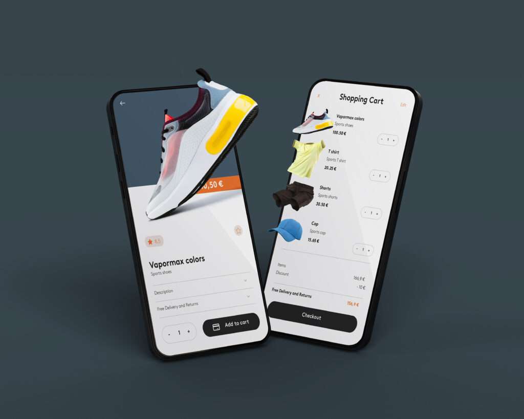 An example of a Flutter-developed e-commerce app. The left phone screen shows a product page for 'Vapormax colors' shoes, and the right screen displays a full shopping cart with multiple items, ready for checkout