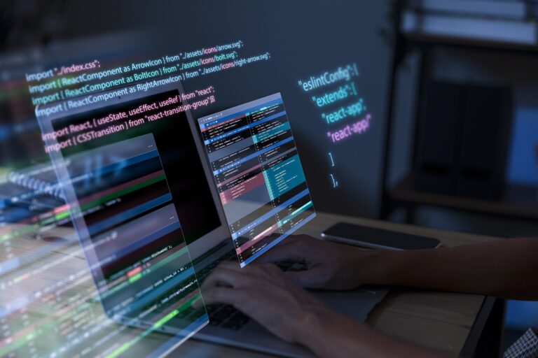 A developer coding on a laptop with futuristic holographic code projections, symbolizing modern software development