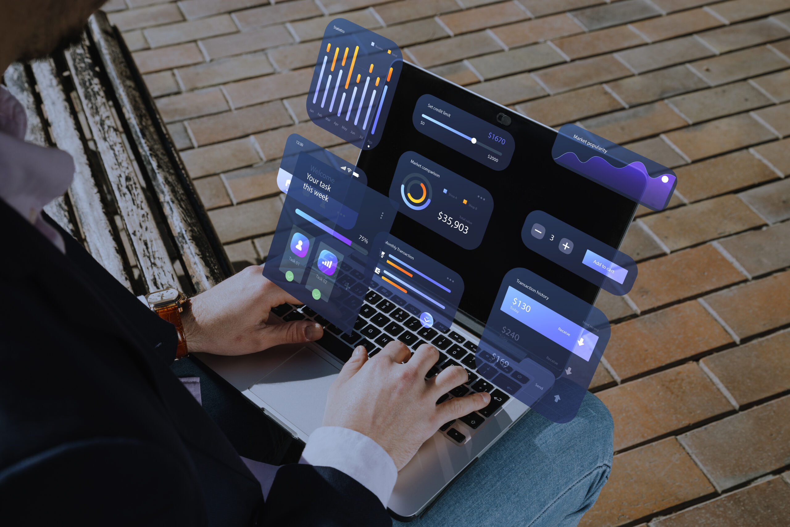Person using a laptop with digital analytics dashboard and data visualizations displayed