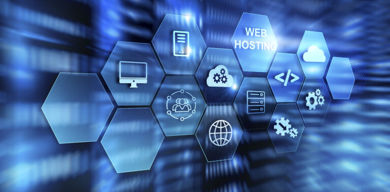 Digital graphic with technology icons representing web hosting, coding, and internet services for a Drupal web development company.