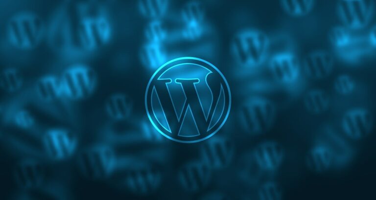 WordPress logo glowing in blue on a blurred background, representing the WordPress platform used for WooCommerce development