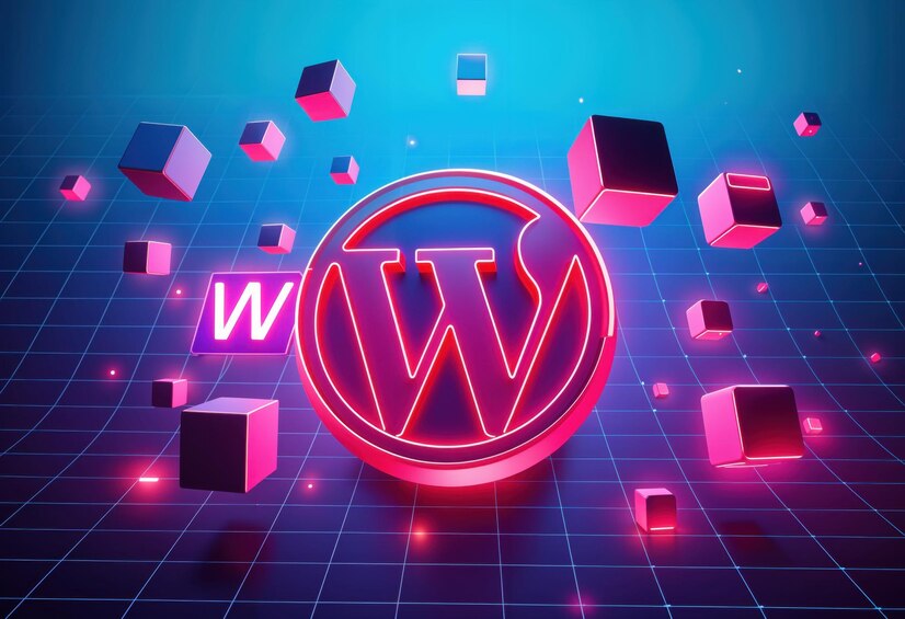 A glowing pink neon WordPress logo surrounded by floating 3D cubes on a futuristic grid