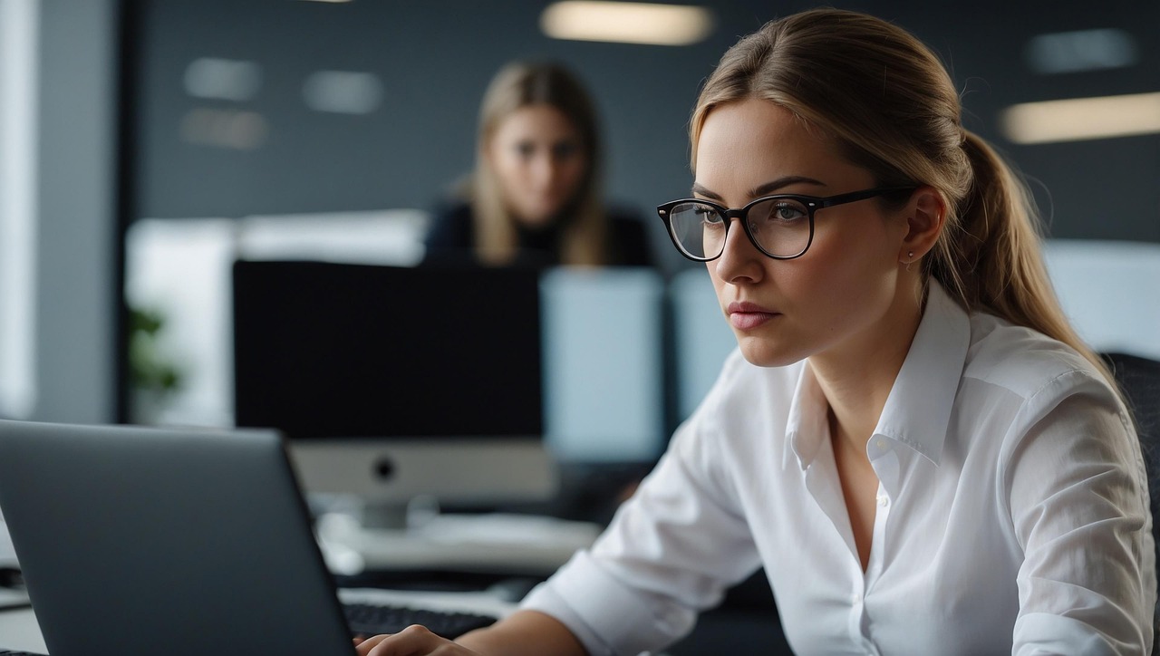 Focused businesswoman working on a laptop in a modern office, representing digital marketing and AI-driven work environments