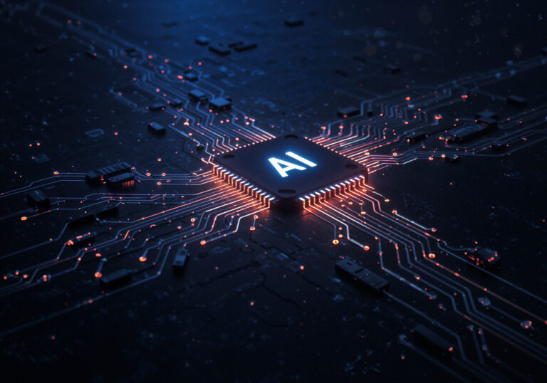 Futuristic AI microchip glowing on a digital circuit board, symbolizing artificial intelligence technology and innovation