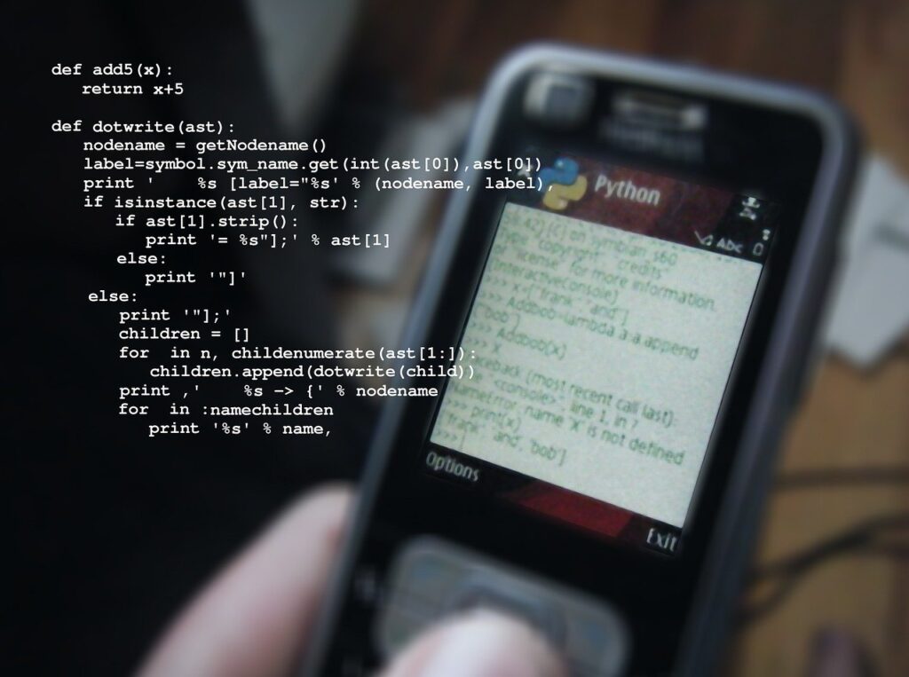 Python code displayed over an image of a mobile phone running a Python application