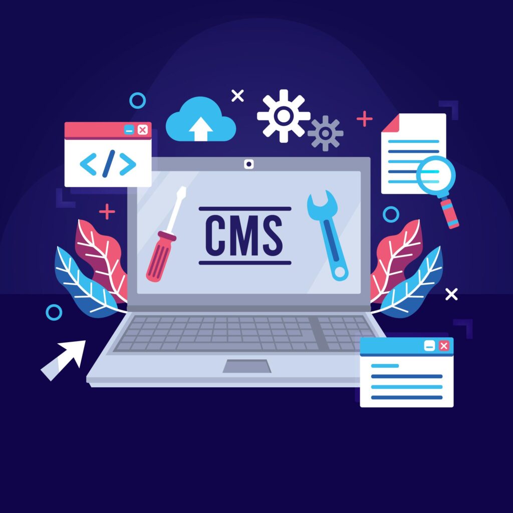 Illustration of a laptop screen showing CMS tools for web development.
